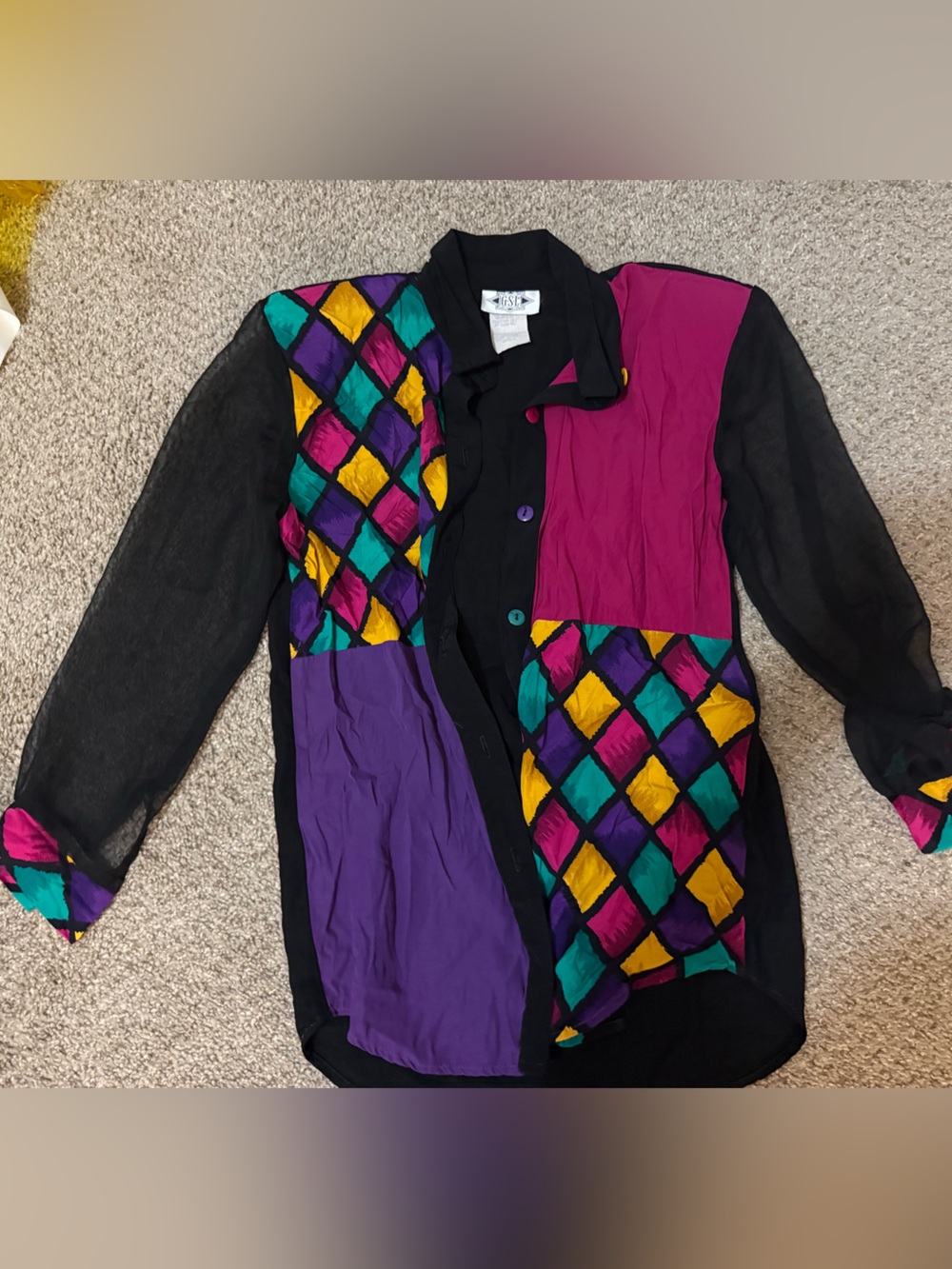 Vintage-Inspired Multi-Color Geometric Blouse - Black Base